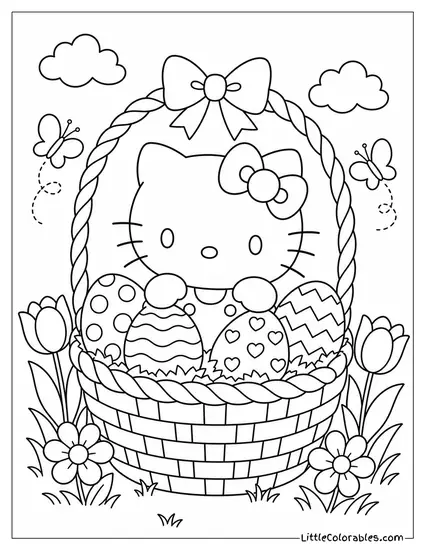 Hello Kitty in an Easter Basket With Eggs Coloring Page