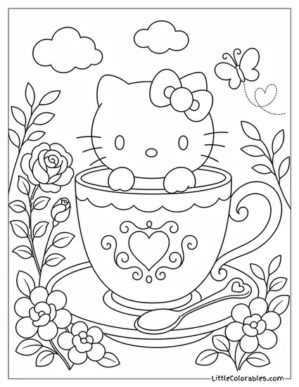 Hello Kitty Inside a Giant Teacup Coloring Page
