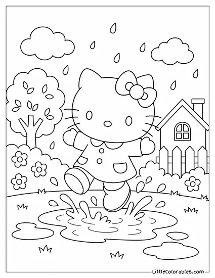 Hello Kitty Jumping in a Rain Puddle Coloring Page