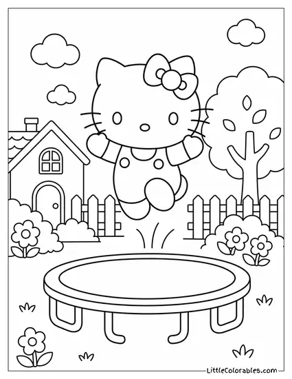 Hello Kitty Jumping on a Trampoline Coloring Page