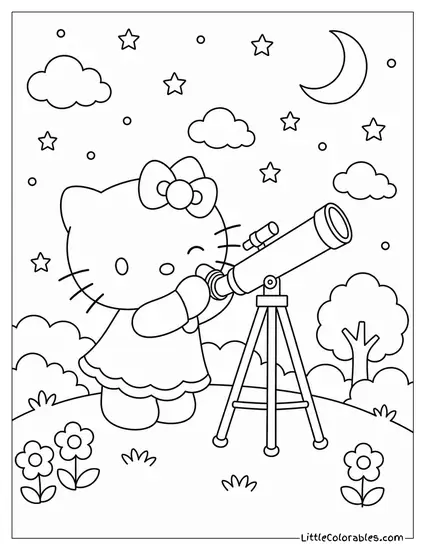 Hello Kitty Looking Through a Small Telescope Coloring Page