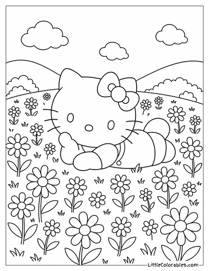 Hello Kitty Lying in a Daisy Field Coloring Page