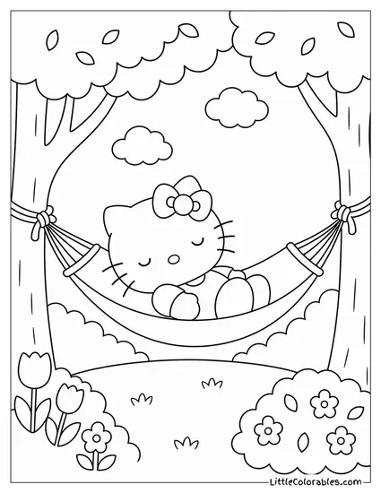 Hello Kitty Napping in a Hammock Coloring Page