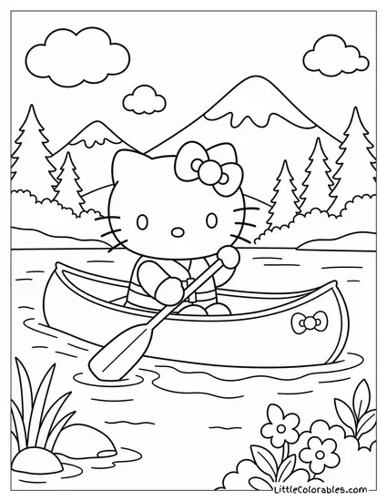 Hello Kitty Paddling a Canoe Coloring Page
