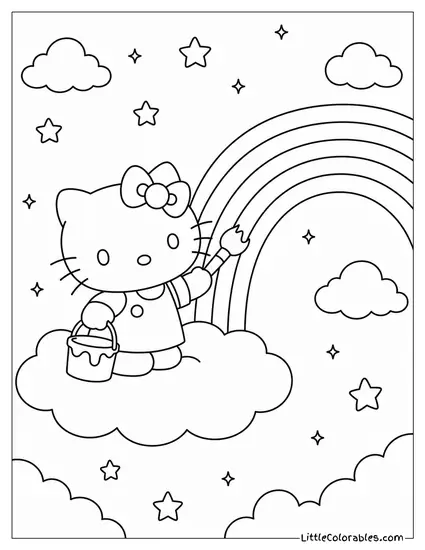 Hello Kitty Painting a Rainbow on a Cloud Coloring Page