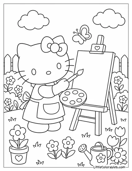 Hello Kitty Painting at a Tiny Easel Coloring Page