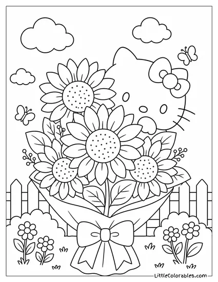 Hello Kitty Peeking Behind a Sunflower Bouquet Coloring Page