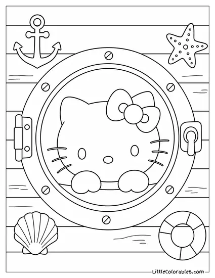 Hello Kitty Peeking Through a Porthole Window Coloring Page
