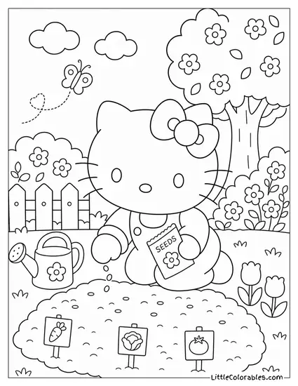 Hello Kitty Planting Seeds in a Garden Coloring Page
