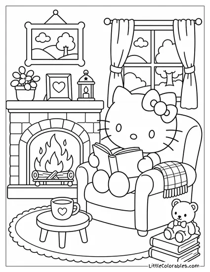 Hello Kitty Reading Beside a Glowing Fireplace Coloring Page