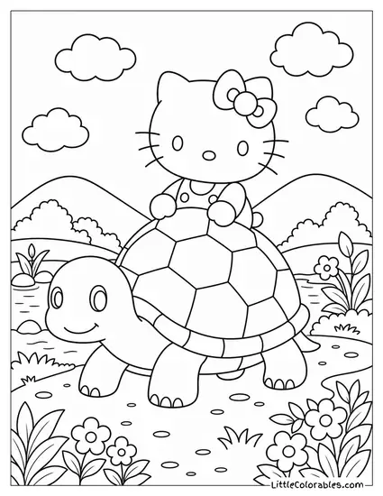 Hello Kitty Riding a Giant Friendly Turtle Coloring Page