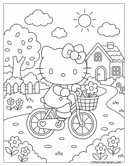 Hello Kitty Riding a Pink Bicycle Coloring Page
