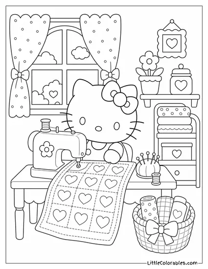 Hello Kitty Sewing a Tiny Heart Quilt Coloring Page