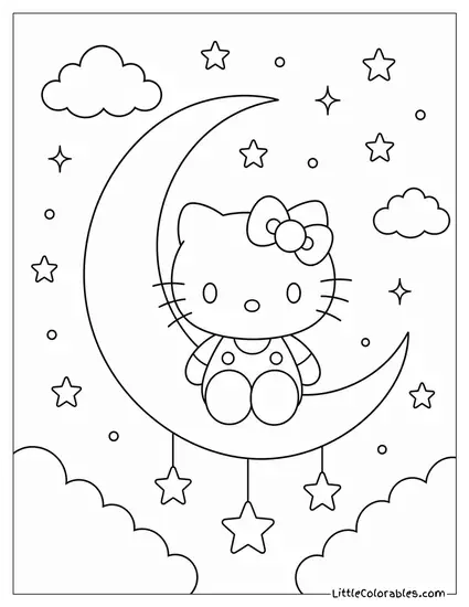 Hello Kitty Sitting on a Crescent Moon Coloring Page