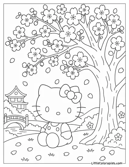 Hello Kitty Under a Cherry Blossom Tree Coloring Page