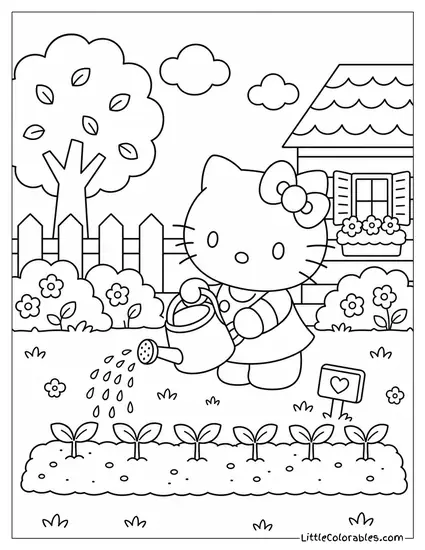 Hello Kitty Watering a Row of Tiny Plants Coloring Page