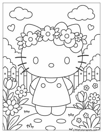 Hello Kitty Wearing a Flower Crown Coloring Page