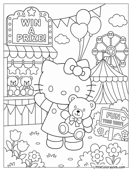 Hello Kitty Winning a Stuffed Bear at Carnival Coloring Page