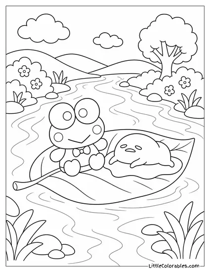 Keroppi and Gudetama Floating on a Leaf Down a Lazy River Coloring Page