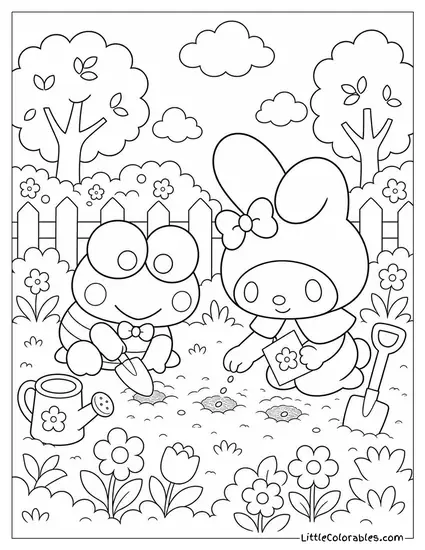 Keroppi and My Melody in a Garden Planting Flower Seeds Coloring Page