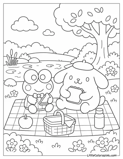 Keroppi and Pompompurin Sharing a Picnic Blanket by a Pond Coloring Page