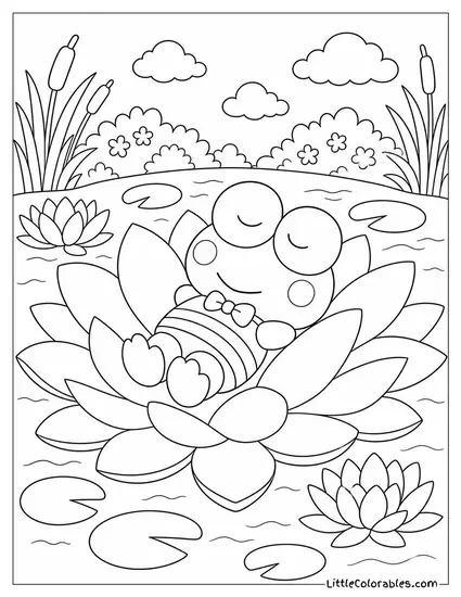 Keroppi Asleep on a Giant Water Lily Coloring Page