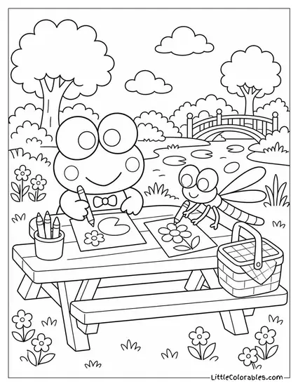 Keroppi at a Picnic Table with a Dragonfly Friend Coloring Page
