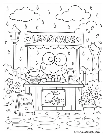 Keroppi at a Tiny Lemonade Stand in the Rain Coloring Page
