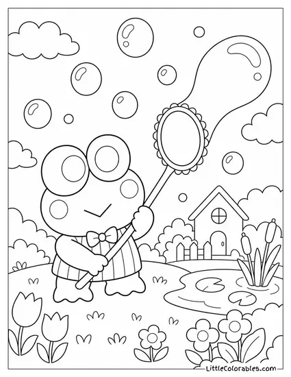 Keroppi Blowing Bubbles with a Giant Bubble Wand Coloring Page
