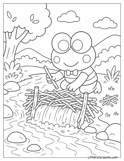 Keroppi Building a Small Dam with Twigs Coloring Page