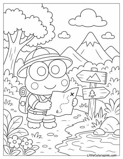 Keroppi Dressed as a Tiny Explorer with a Map Coloring Page