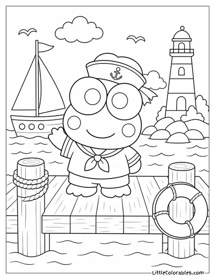 Keroppi Dressed as a Tiny Sailor on a Dock Coloring Page