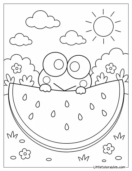 Keroppi Hiding Inside a Large Watermelon Slice Coloring Page