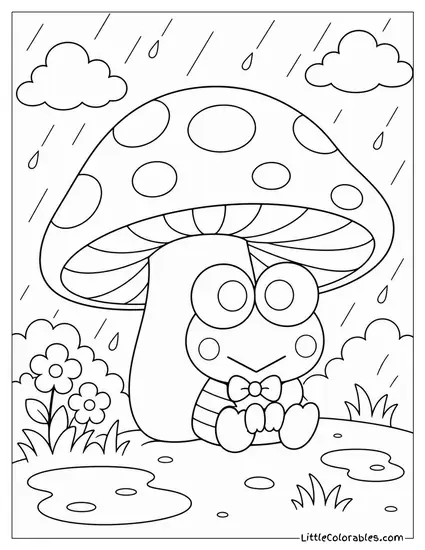 Keroppi Hiding Under a Giant Mushroom in the Rain Coloring Page