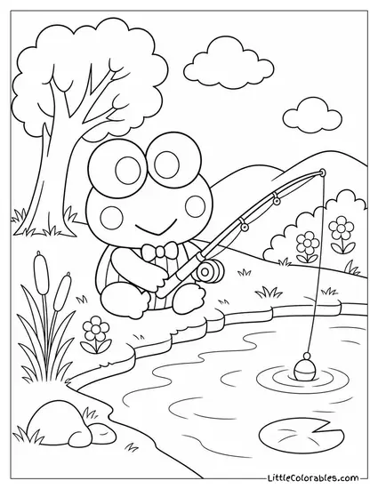 Keroppi Holding a Fishing Rod Beside a Quiet Pond Coloring Page