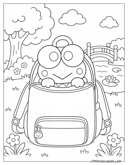 Keroppi in a Backpack with His Head Poking Out Coloring Page