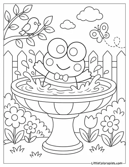 Keroppi in a Bird Bath Splashing Around Coloring Page