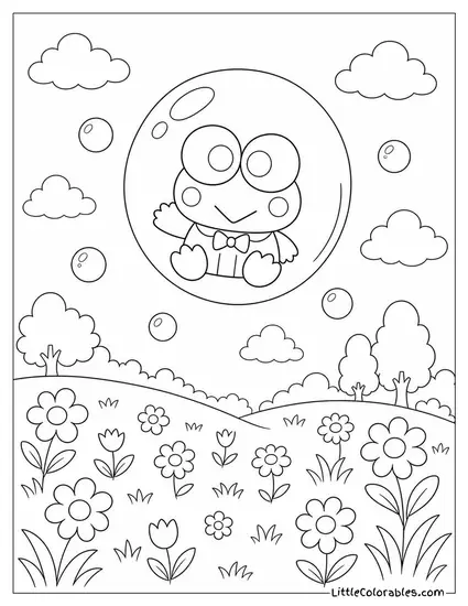 Keroppi in a Bubble Floating Above a Meadow Coloring Page