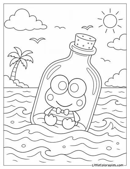 Keroppi in a Glass Bottle Floating on the Ocean Coloring Page