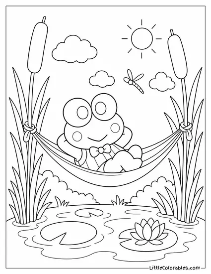 Keroppi in a Hammock Strung Between Two Cattails Coloring Page