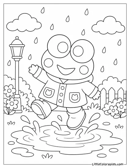 Keroppi in a Raincoat Jumping in Puddles Coloring Page