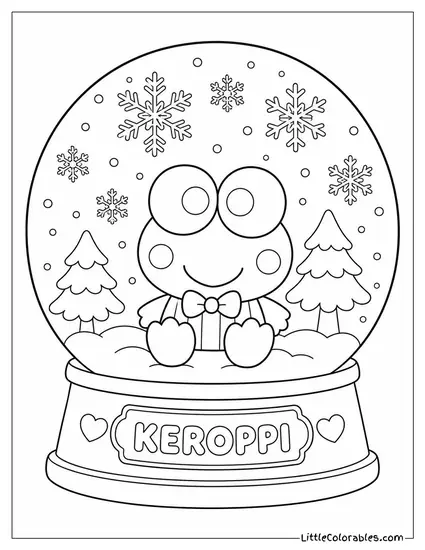 Keroppi in a Snow Globe with Green Snowflakes Coloring Page