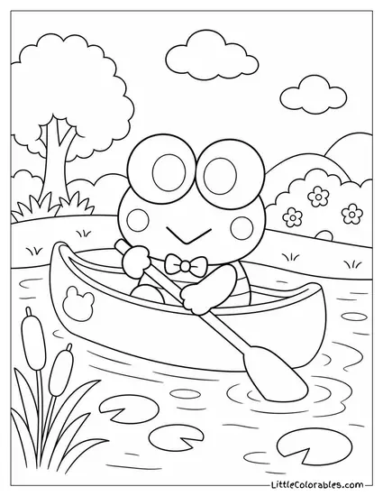 Keroppi in a Tiny Canoe with a Paddle Coloring Page