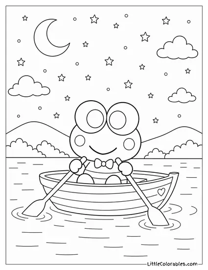 Keroppi in a Tiny Rowboat Under the Stars Coloring Page