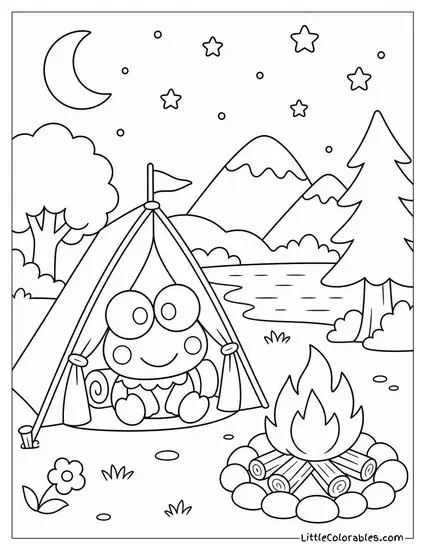 Keroppi in a Tiny Tent Beside a Campfire Coloring Page