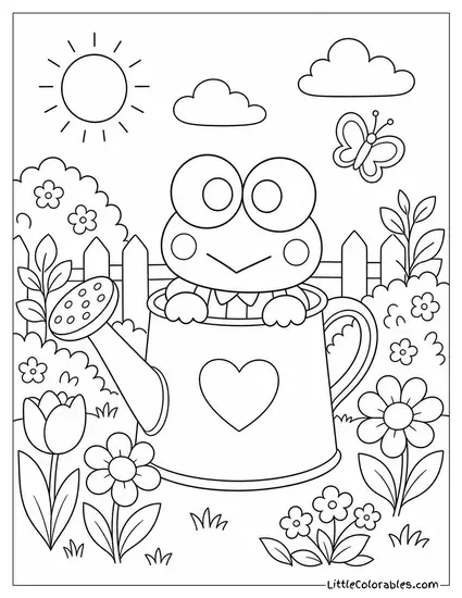 Keroppi in a Watering Can in a Garden Coloring Page