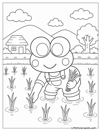 Keroppi in Overalls Planting Rice in a Paddy Field Coloring Page