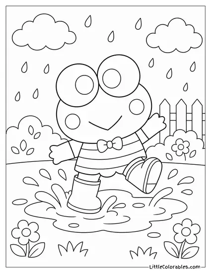 Keroppi in Rain Boots Splashing Through a Puddle Coloring Page