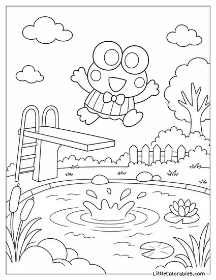 Keroppi Jumping Off a Diving Board Into a Pond Coloring Page