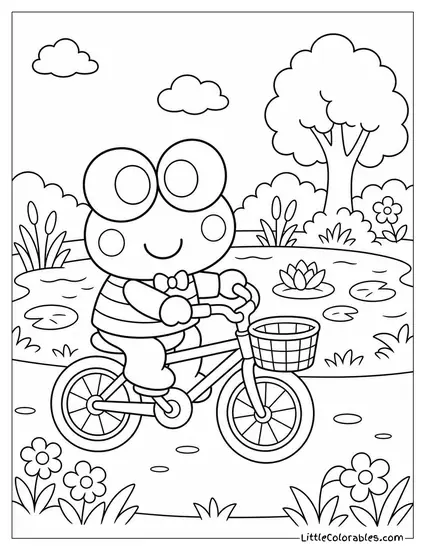 Keroppi on a Bike with a Pond in the Background Coloring Page